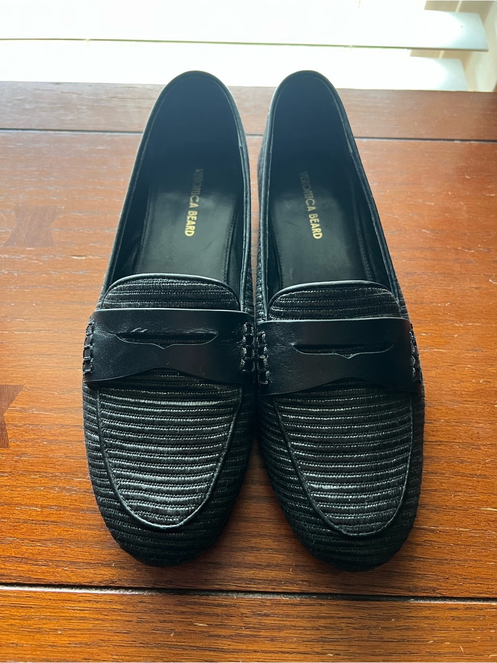 Veronica Beard Raffia Penny Loafers Ribbed Pattern Black Women Size 8